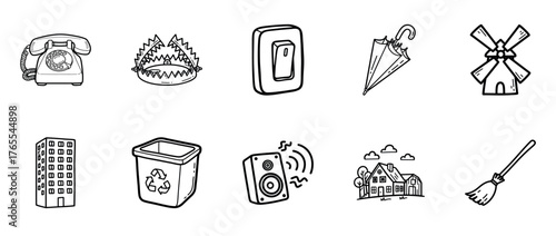 Collection of simple hand-drawn objects including telephone and windmill