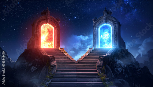 Fantasy concept of two portals, one burning red and one glowing blue, connected by mystical stairs under starry night sky.