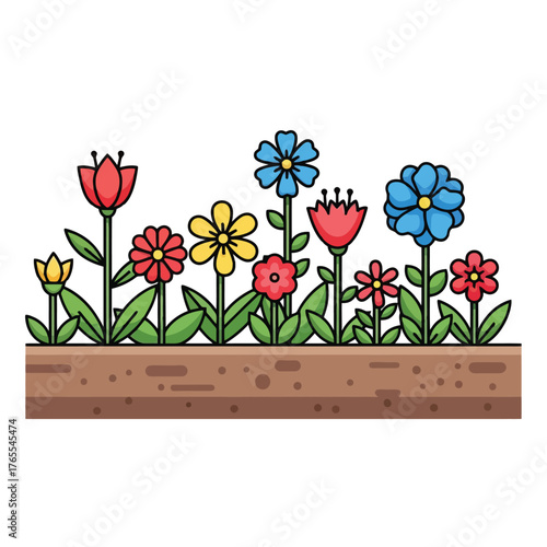 Colorful cartoon flowers growing in a garden bed