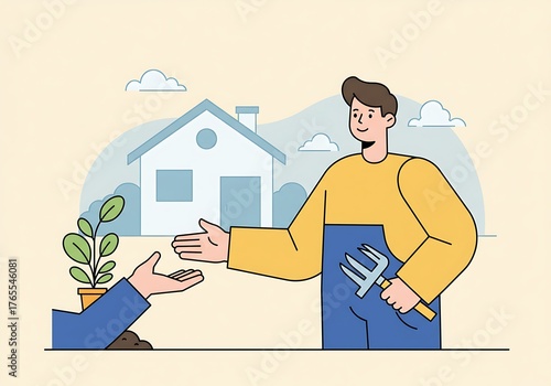 Gardener receiving potted plant for home garden, symbolizing green living and sustainable practices