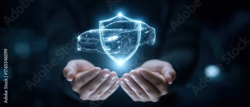 Hands holding glowing car and shield insurance concept
