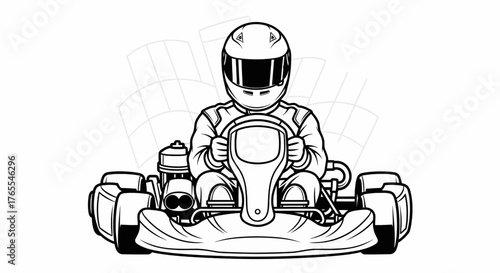 Vintage Go Kart Vector Driver Front View Black & White