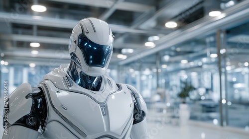 Wallpaper Mural Android standing in neon-lit laboratory with glowing internal module called innovation incubator, symbolizing robotic generative systems, speculative artificial intelligence, and future design. Torontodigital.ca