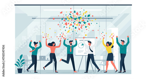 Celebrating Team in Office with Confetti