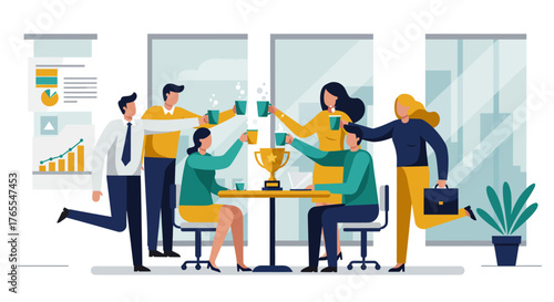 Team Celebrating Success with Trophy and Drinks