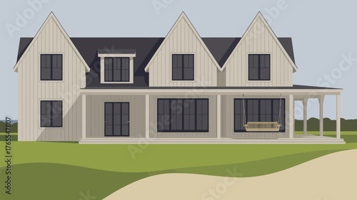 Illustration of a two story house with a porch and a swing on a green lawn on a sunny day