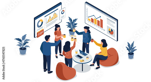 Team Celebrating Success with Coffee and Charts