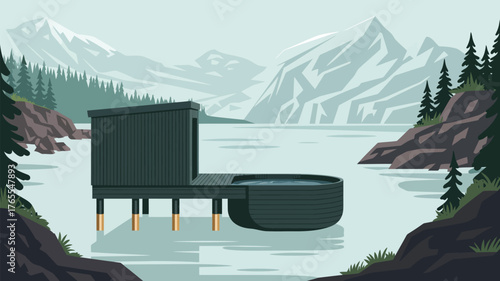Illustration of a cabin on stilts with a hot tub on a lake surrounded by mountains and trees