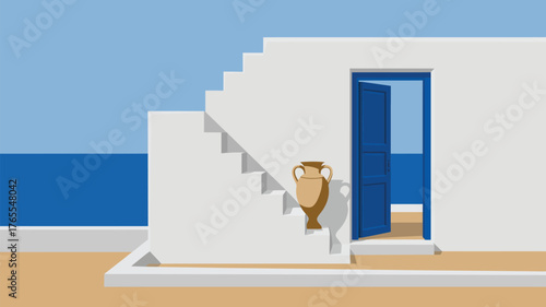 A minimalist illustration of a greek island scene with white building blue door and sea and a vase on stairs