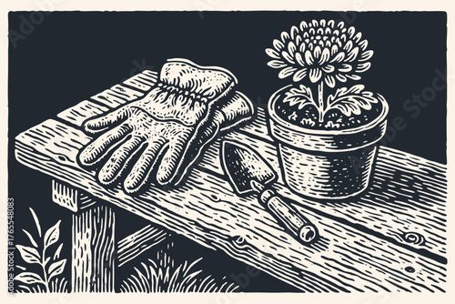 A gardening still life with gloves, a trowel, and a potted chrysanthemum on a wooden bench. Vintage vector illustration in a classic woodcut or linocut style.