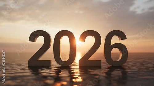 Futuristic 2026 new year sunrise reflection on beach