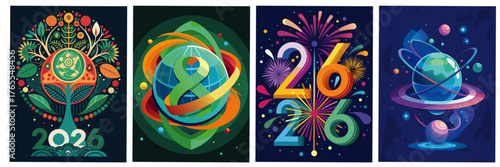 abstract vector background with circles : colorful 2026 new year celebration theme set with global orbit and fireworks artwork for poster, greeting card and flyer