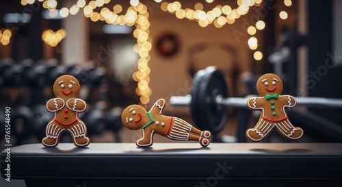 Fototapeta Naklejka Na Ścianę i Meble -  Gingerbread cookies exercising in festive gym scene