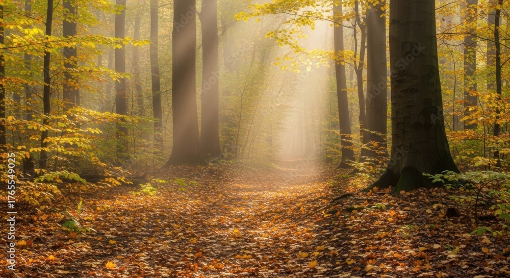 Naklejka premium Tranquil forest path in late autumn with sunlight filtering through trees