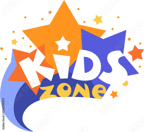 Kids zone sign. Lettering over group of flying stars for game area. Bright vector inscription on a white background.