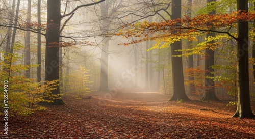 Fototapeta Naklejka Na Ścianę i Meble -  Tranquil autumn forest path with sunlit trees and vibrant foliage