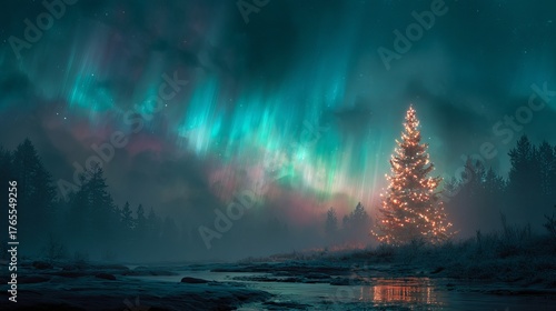 Magical winter wonderland scene with a glowing Christmas tree under vibrant aurora borealis sky
