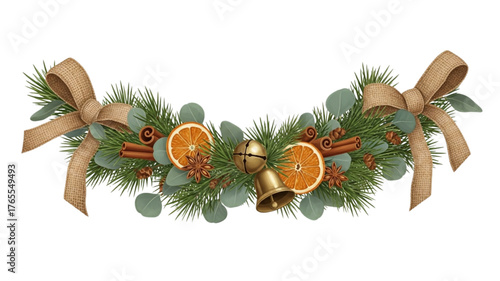 Rustic Christmas Garland with Pine Eucalyptus Orange Slices Cinnamon Pine Cones Golden Bell and Beige Bows Vector on Transparent Background