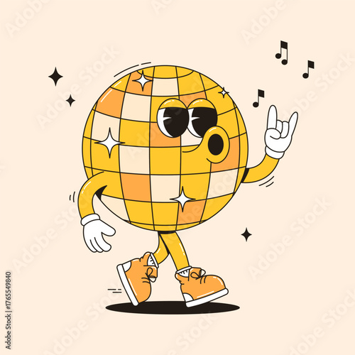 Funky disco ball mascot in retro style. Vector illustration for party flyers, event promotions, club branding