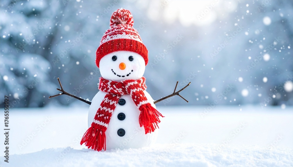 Obraz premium Cheerful snowman with red hat and scarf in snowy forest with falling snow