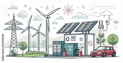 Sustainable Living Icons – House with Solar Panels, Wind Turbines, and Electric Car