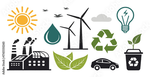 Eco-Friendly Industrial Icons – Factory, Renewable Energy, Recycling, and Nature