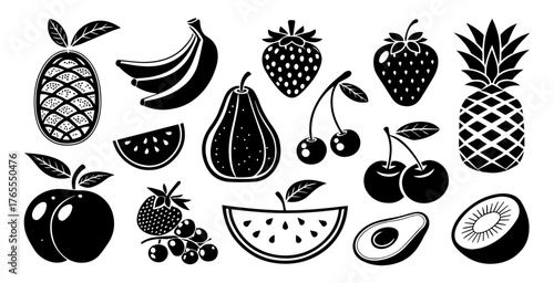 Black and White Fruit Icons – Minimalist Flat Vector Silhouettes
