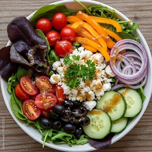 Colorful Greek Salad Bowl with Feta Cheese and Fresh Vegetables.
