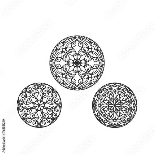 Three intricate circular mandala designs on white.