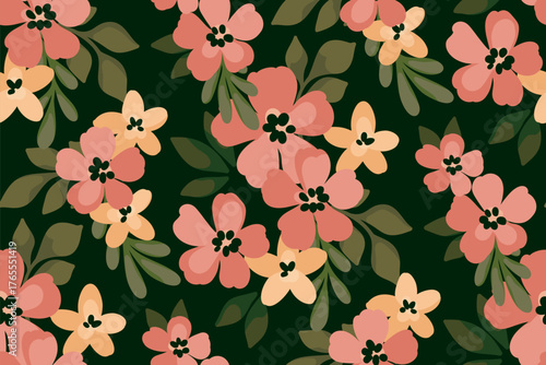 Seamless floral pattern, delicate ditsy print in liberty style. Botanical design of small drawing flowers, large leaves, simple tiny bouquets on a green. Flower textile fashion, vector illustration.