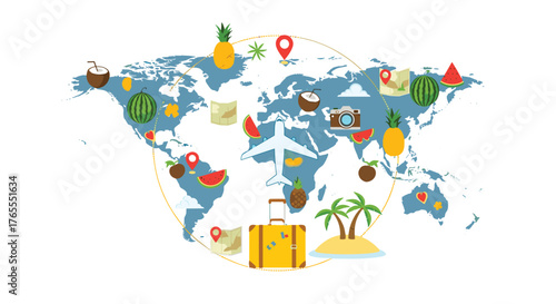 World travel destinations with food and transport icons.