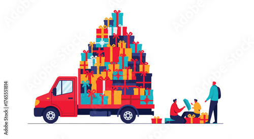 Red delivery truck overloaded with colorful gift boxes for holiday season.