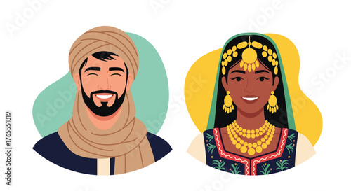 Smiling Middle Eastern Man and Indian Woman in Traditional Attire.