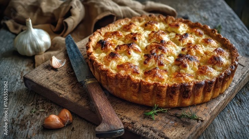 A savory, rustic quiche with a golden-brown crust and a cheesy, baked cauliflower topping rests on a wooden board next to garlic bulbs and a vintage knife