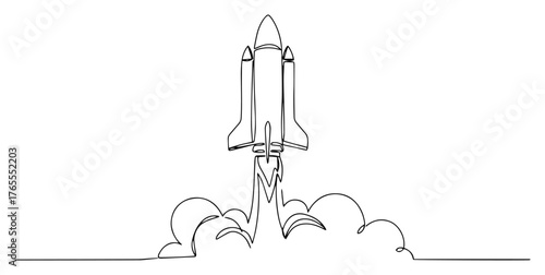 Rocket launch continuous one-line vector illustration of spacecraft blasting off with smoke minimal design symbolizing innovation