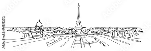 Paris skyline panoramic continuous one-line cityscape vector illustration featuring Eiffel Tower