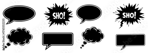 Comic speech bubbles and sound effect starbursts vector set retro blank talk balloon silhouettes