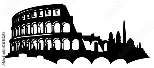 Detailed Colosseum outline with skyline vector illustration historic Roman amphitheatre travel landmark engraving style