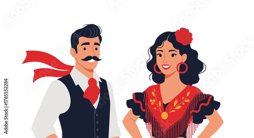 Mexican couple in traditional attire, smiling and posing for a portrait.