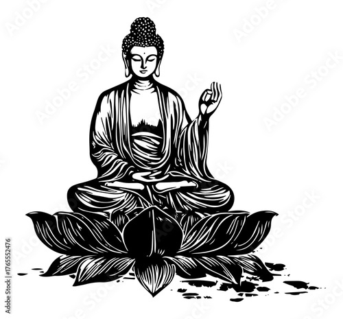 Meditating Buddha statue on lotus flower woodcut style. Hand drawn zen spiritual yoga and wellness ink illustration