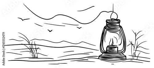 Camping hurricane lantern illuminating tranquil riverside landscape hand-drawn vintage engraving vector illustration