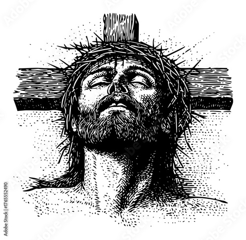 Jesus Christ on cross with crown of thorns upward gaze dramatic vintage engraving style Christian illustration