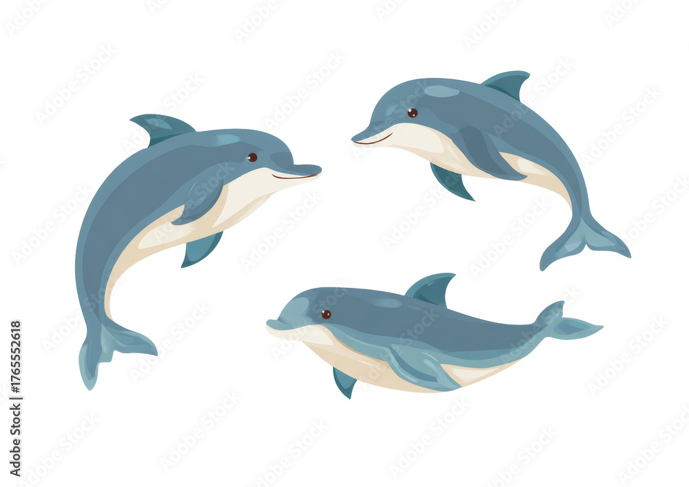 Fototapeta premium Cartoon dolphins swimming on transparent background