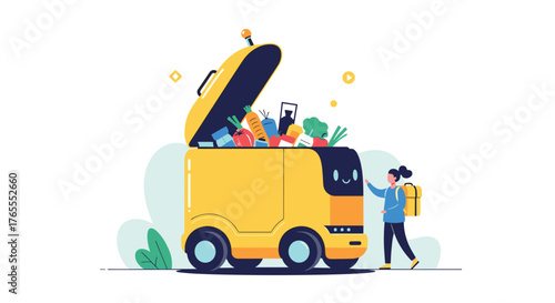 Autonomous delivery vehicle with open cargo compartment and person.