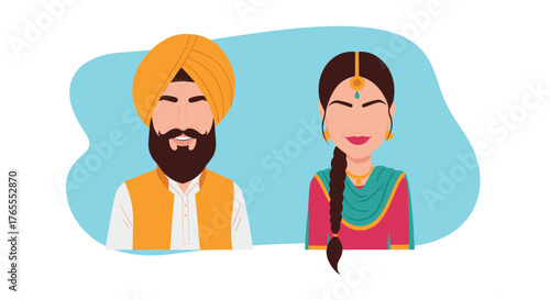 Indian couple in traditional attire, cultural representation, vector illustration.