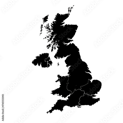 Black silhouette map of the united kingdom isolated on transparent background