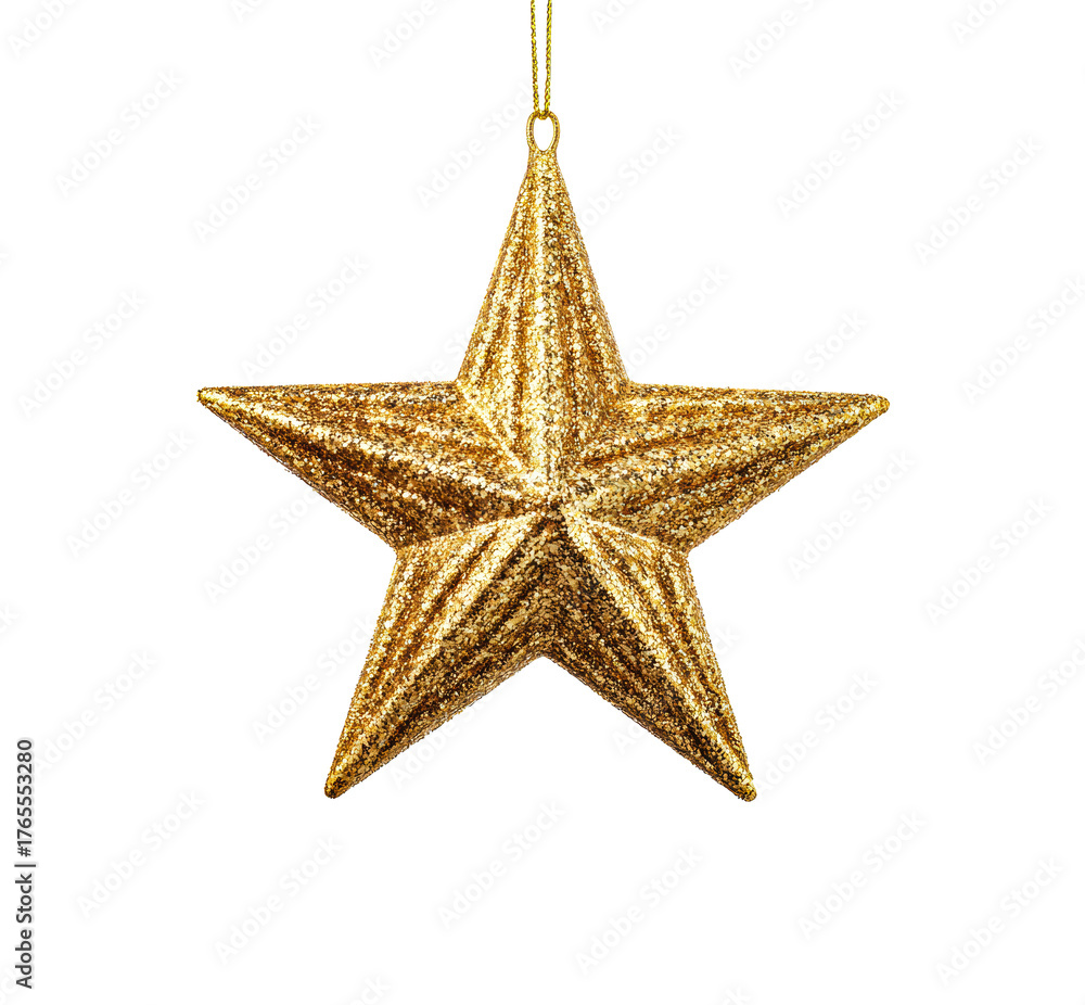 Fototapeta premium Golden glitter star ornament for festive holiday decorations on a transparent background, cut out