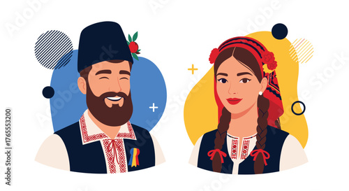 Bulgarian couple in traditional attire, smiling and happy.