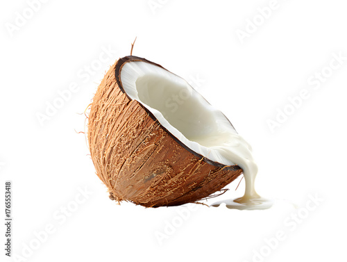 Half coconut with milk pouring out isolated on transparent background