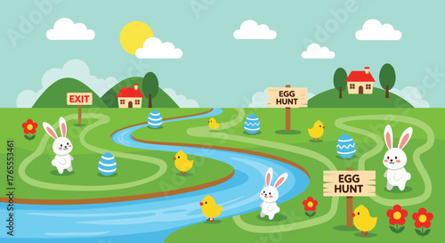 Easter Egg Hunt Scene with Bunnies and Chicks.